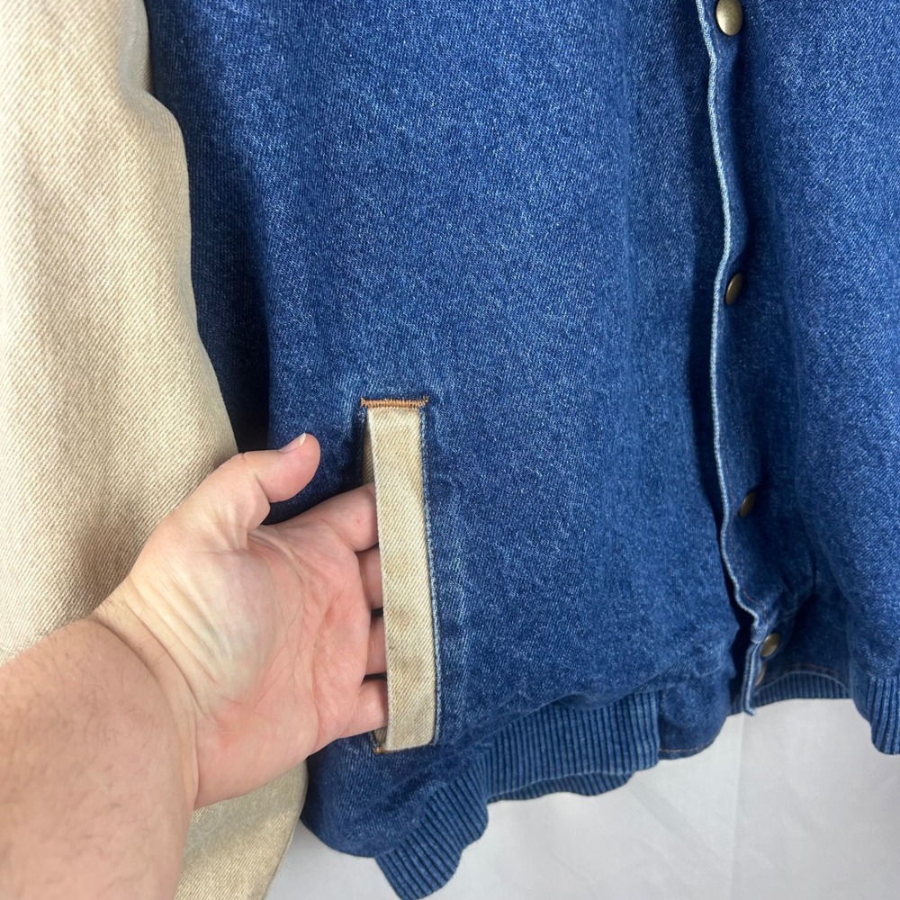 Vintage 90s NASCAR Three Rivers Denim Varsity Jacket Men Large Blue Tan USA Made - Picture 8 of 13
